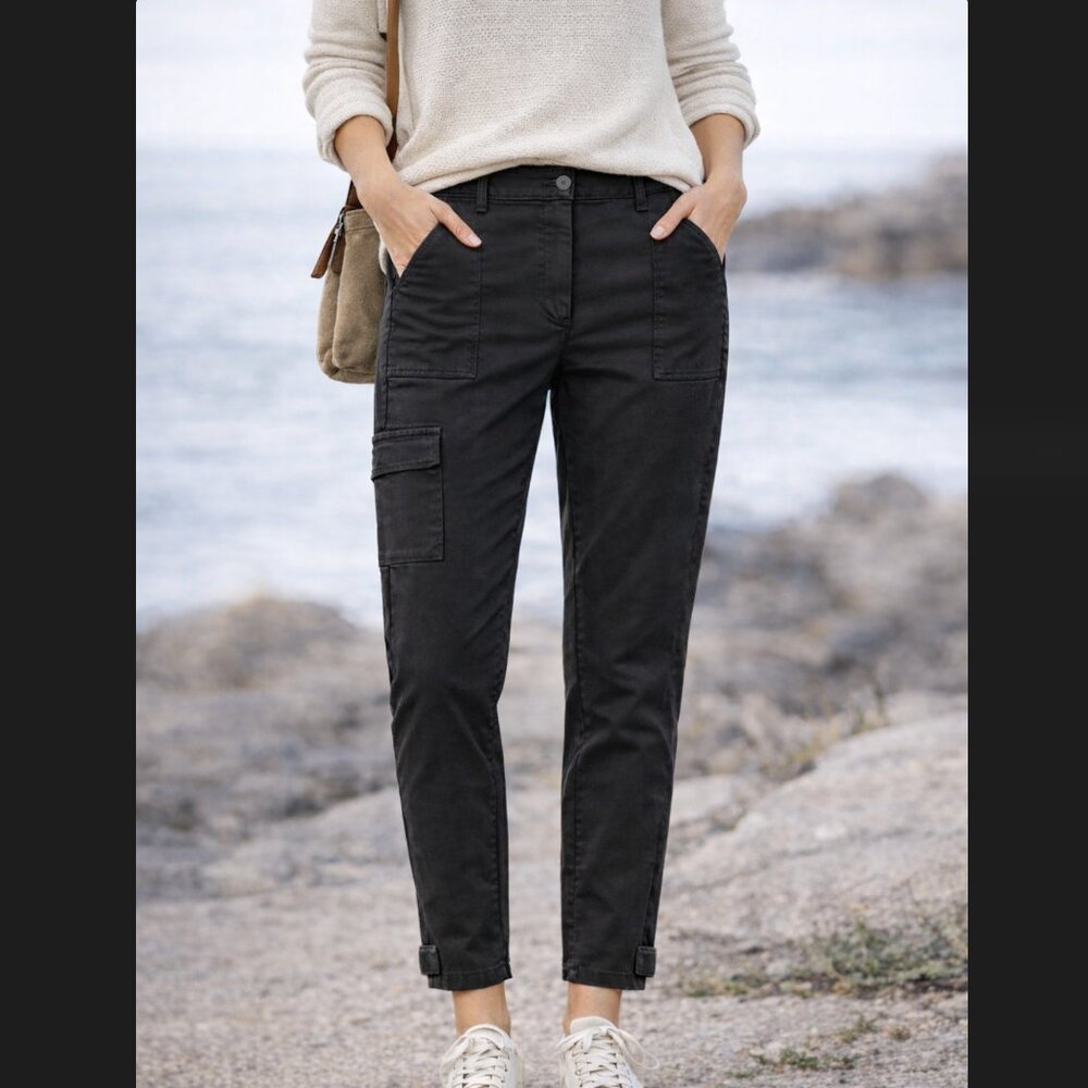 J. Jill Cargo Pants 12 Black Cotton Stretch Tapered Snap Ankle Pocket Outdoor